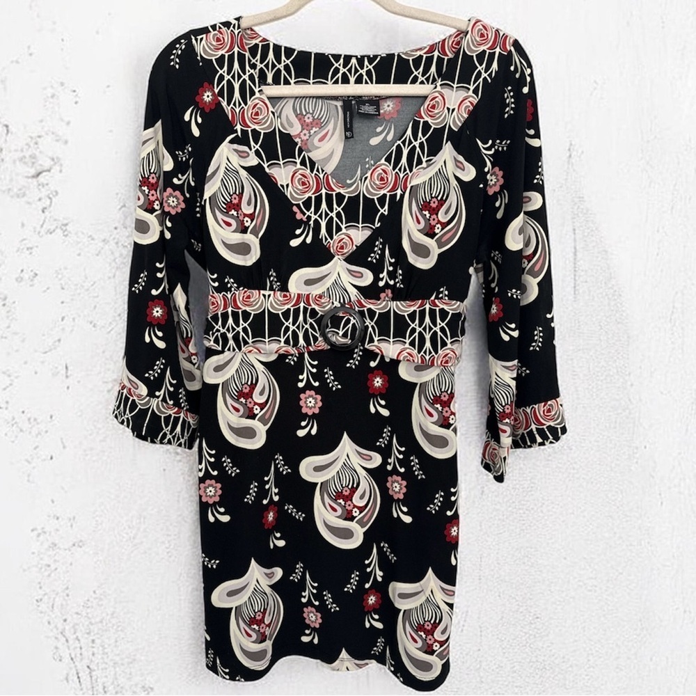 New Directions Black Floral Tunic Top w/ Buckle Detail & Back Tie – Size XL
